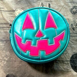 LOVE PAIN AND STICHES HANDCRAFTED SMALL HAPPY HOT PINK TEAL METALLIC CROSSBODY